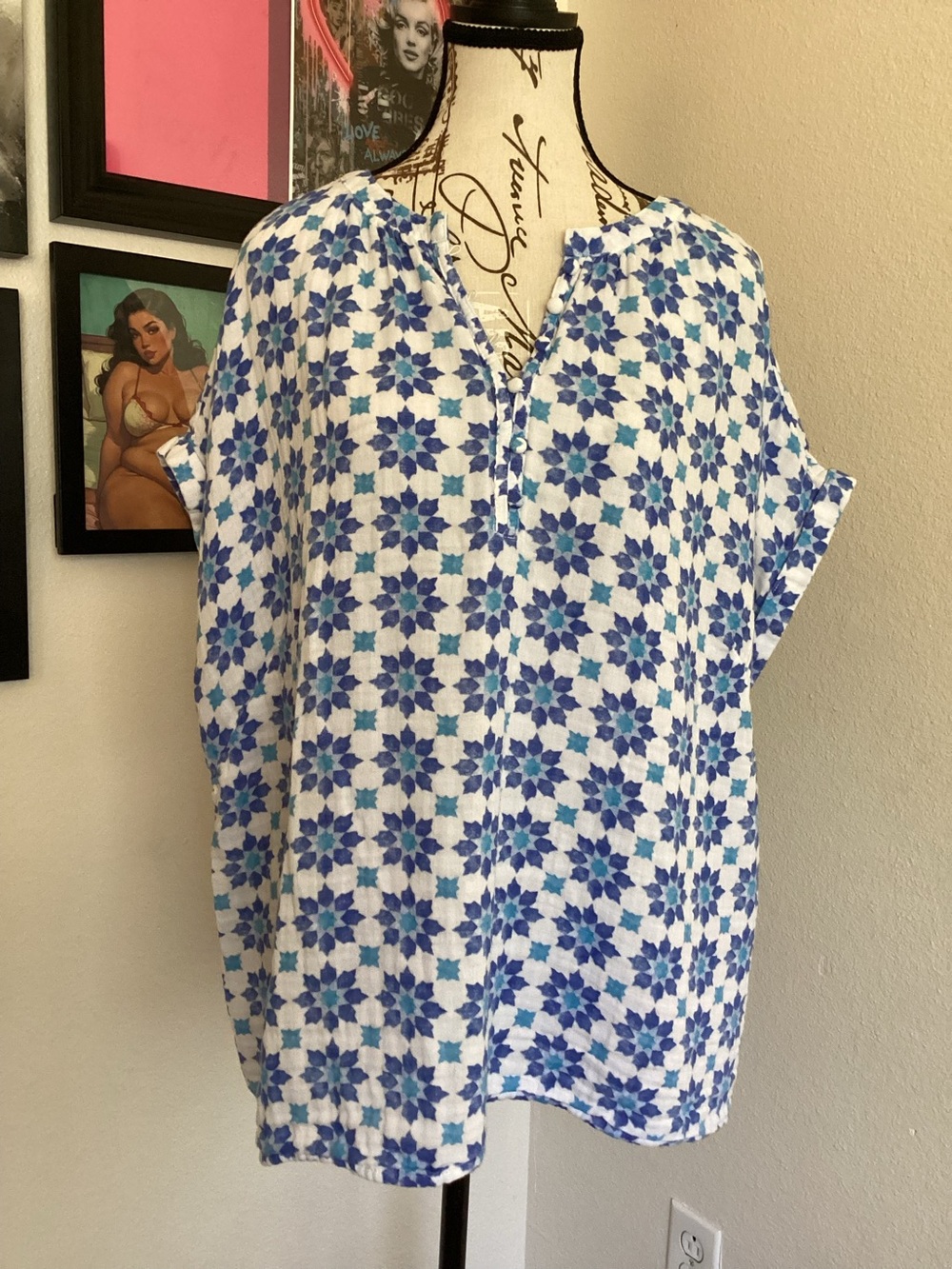 St. John's Bay “Blue Stamp” Blue & White Floral Geo Pullover Tunic 2X